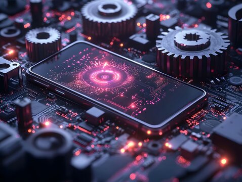 app dashboard, smartphone, blue tech background, minimal illustration, modern technology concept,