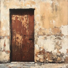 Naklejka premium Weathered wooden door in a crumbling wall