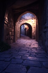 Illuminated alleyway with stone walls and arches at night