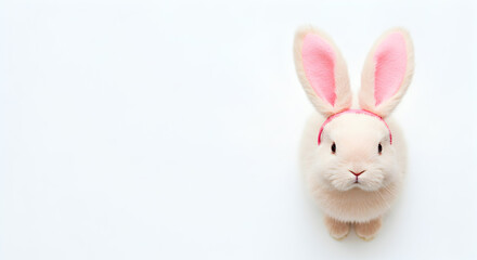 Obraz premium Plush Bunny with Pink-Lined Ears on White Background Top Down View