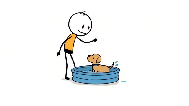 Cartoon person interacting with small dog in kiddie pool