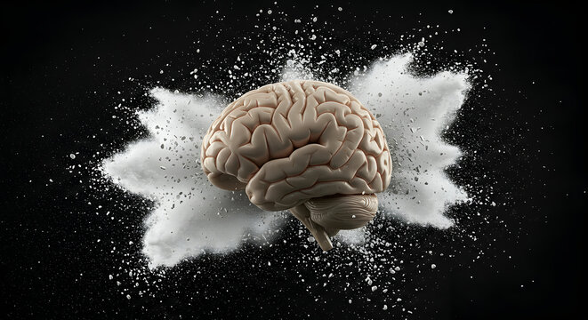 Realistic Brain Model Exploding White Particles on Black Background
