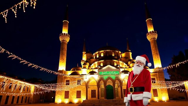 Santa claus posing in front of kulliye mosque in istanbul