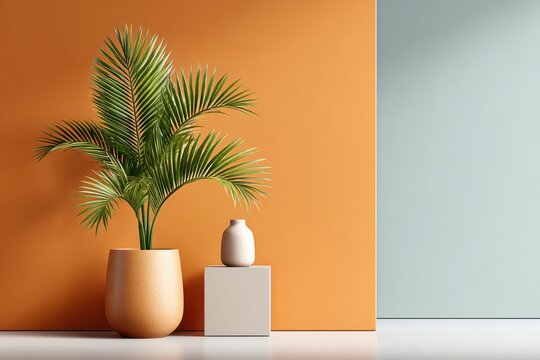 Fototapeta Modern interior design with palm plant and minimalist vases in a bright colored setting
