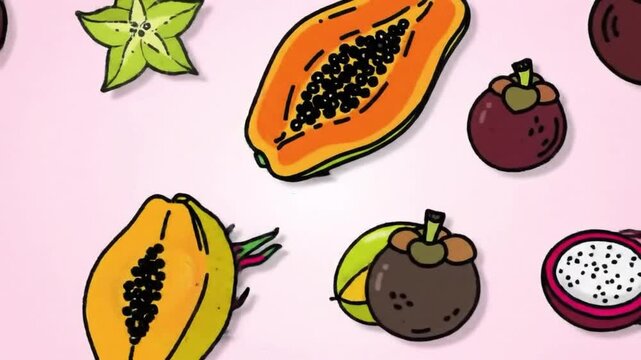 Colorful illustration of tropical fruits: mangosteen, dragon fruit.