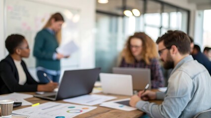 Focused team discussion in modern office setting with collaborative atmosphere