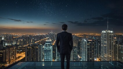 Fototapeta premium Standing atop a skyscraper, a successful businessman watches the city’s dazzling skyline and lit-up financial buildings with a sense of achievement.