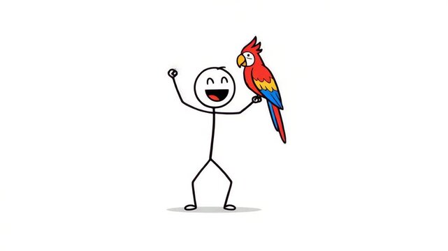 Cartoon stick figure holding a colorful parrot