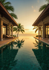 Fototapeta na wymiar Infinity pool between palm trees and villas at sunset with sea view. Luxury travel, relaxation, tropical resort concept. Sale of tourism, hotels, wellness, holiday, banner vertical