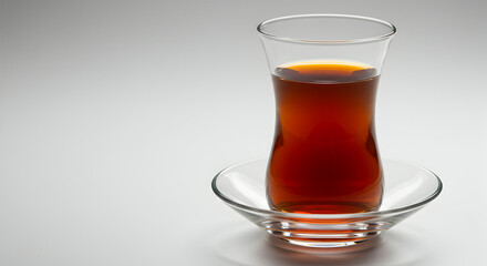 Transparent Glass Of Tea On A Saucer With White And Grey Gradient Background With Bright Illumination