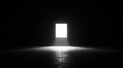 A single light source illuminates a dark room, casting a bright glow on the floor and creating a stark contrast between light and shadow.