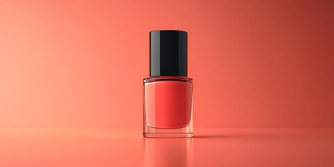 Coral nail polish bottle on a matching background. Black cap contrasts the vibrant color