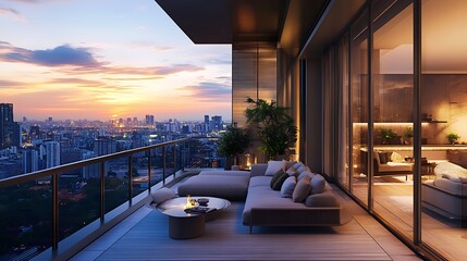 Luxury Penthouse Sunset Cityscape View: Breathtaking Balcony Oasis