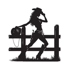 Cowgirl Leaning on Fence Vector Silhouette, Western Style, Rustic Charm, Country Life, Cowgirl Spirit, Rural Beauty, Western Fashion.
