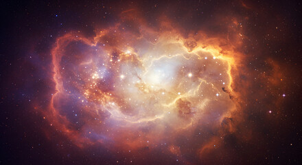 Obraz premium Vibrant Nebula in Deep Space with Swirling Gas and Star Light Displaying Orange and Purple Colors