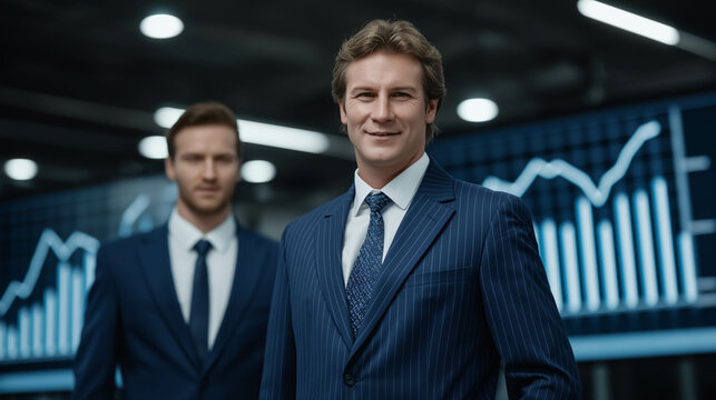 Confident Businessmen: Two successful businessmen in sharp navy suits stand confidently against a backdrop of dynamic financial charts, projecting an image of expertise and leadership.