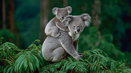 Koala Family in the Wilderness: A mother koala carries her baby on her back, embracing the wilderness with soft fur and endearing features, displaying love.