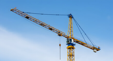 Naklejka premium Yellow Construction Crane Reaching Upward Against A Clear Blue Sky Showing Industrial Progress