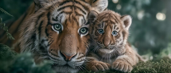 Tiger Cub and Mom: A heartwarming scene showcases a majestic tigress tenderly cuddling her adorable cub, radiating pure love and protection within a lush, verdant setting.