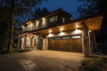 Large overhang above garage with downlighting --ar 3:2 --v 7 Job ID: f137f6d1-400f-45a5-918a-f0f9a7afb8d4