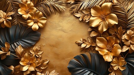 Elegant 3D Floral Background Featuring Golden Palm with Stucco Stems and Leaves – Luxury Botanical Wall Decor, Tropical Leaf Texture Art, Sophisticated Interior Design for Modern Stylish Spaces