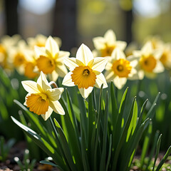 Golden Blooms of Spring: A close-up shot reveals vibrant daffodils blooming in the springtime, their cheerful yellow petals and contrasting orange centers creating a stunning visual spectacle.