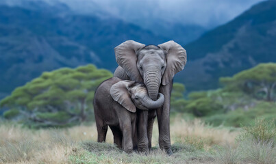 Obraz premium Mother and Calf Elephant: Capturing a tender moment between a mother elephant and her calf, set against a scenic backdrop of rolling hills and lush greenery.