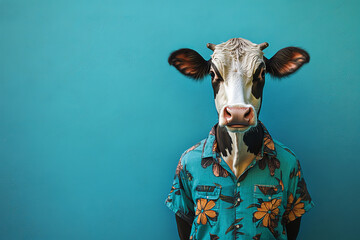 Funny cow in denim shirt standing against blue wall, surreal anthropomorphic animal portrait for quirky and creative concepts
