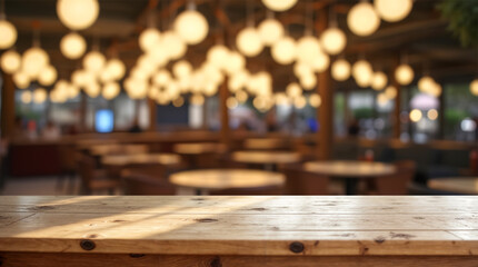 Rustic wooden tabletop with warm ambient lighting and blurred cafe interior, ideal for product mockups