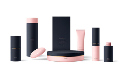 Illustrations of cosmetic products and teenage models in various makeup scenarios, isolated on white background for commercial beauty and skincare concepts.