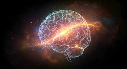 Abstract Digital Brain Graphic With Glowing Lines And Dots Against Dark Space Background
