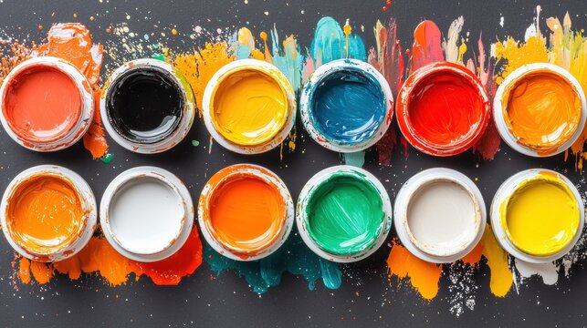 A collection of paint cans filled with vibrant colors, arranged in two rows and splattered with paint.