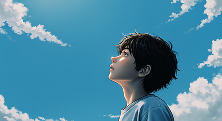 Young boy looking up blue sky . Digital painting style