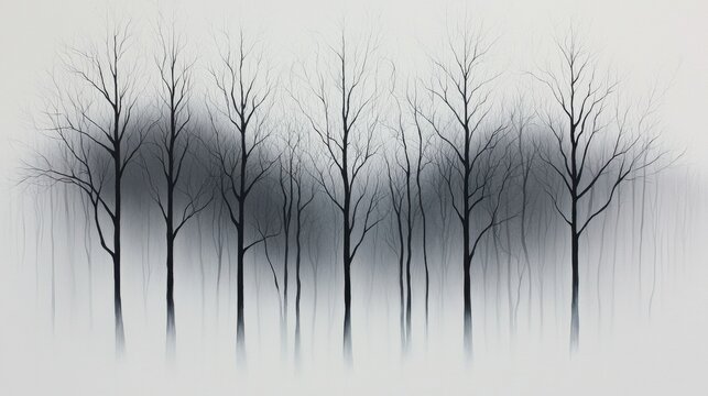 A forest of bare trees in a foggy landscape.