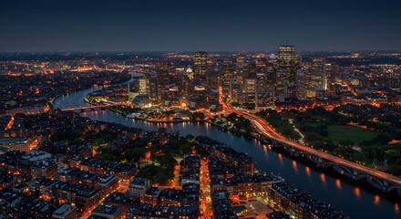 Obraz premium Aerial Night Cityscape With River And Illuminated Buildings In A Vibrant Urban Scene