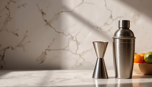 A metallic jigger and cocktail shaker rest on a polished marble countertop with vibrant fruits visible, illuminated by warm afternoon sunlight