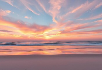 Obraz premium Serene sunrise paints the sky with soft pastel hues reflecting on tranquil ocean waters, a pristine beach lies still, serene, beautiful