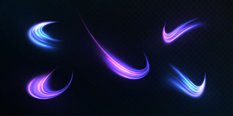 Set of curved vector neon light streams in blue and purple tones on a dark background. Used for visual effects, digital interfaces, game design and motion graphics.