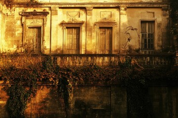 Obraz premium Overgrown antique building facade at sunset, featuring three doors and a window, showcasing aged stonework and ivy.