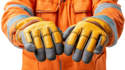 Protective Gloves: A close-up perspective on protective work gloves, designed for safety, highlighting the robust construction and thoughtful design, symbolizing reliability.