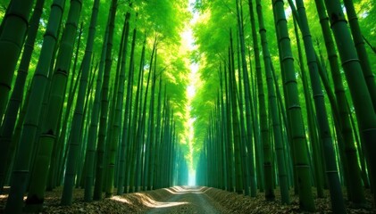 Fototapeta premium Dense bamboo forest, tall trees with vibrant green leaves , spring, cane, ecology
