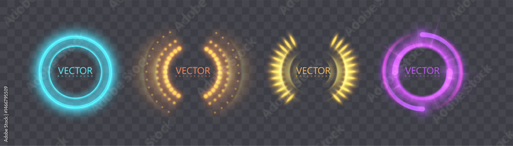 Poster Round interface elements with a sci-fi neon glow: holographic rings, glowing arcs and digital segments. Used for HUDs, futuristic panels and visual effects on a transparent background.