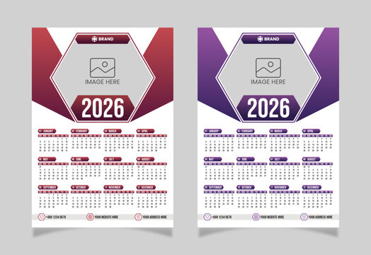 one page wall calendar template design set for 2026.