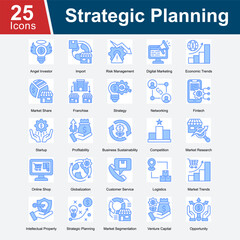 Strategic Planning is a collection of icons highlighting key elements in business strategy, including investment, risk, competition, growth, marketing, and long-term vision for success. 