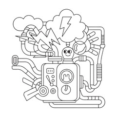 Coloring page of electric components and a lightning bolt, perfect for electricity, energy, and technology themes.