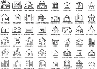Buildings and Architecture Line Icons Vector Set.