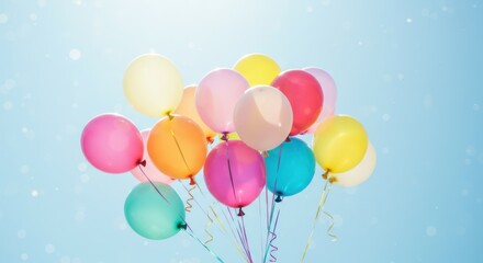 Bunch of colorful balloons against a light blue sky with small stars.