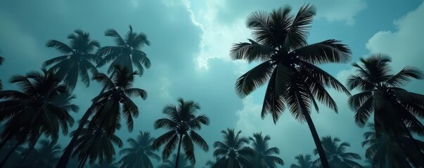 Tall coconut palms silhouetted against a brooding, overcast sky , overcast, ocean, paradise