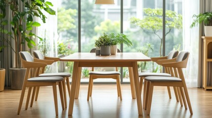 Modern dining set, wood chairs, city view