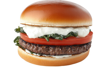 Luscious burger with vibrant toppings beckons against a stark black void